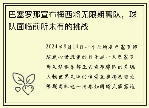 巴塞罗那宣布梅西将无限期离队，球队面临前所未有的挑战